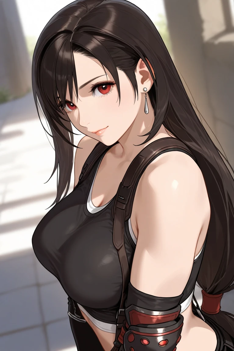 A woman wearing the standard costume of Tifa Lockhart, Final Fantasy VII (SQUARE ENIX) long black hair, red eyes, smiling, Ahoge, white shirt, short sleeveless shirt, short black skirt, black socks, red sneakers, red gloves, walking in a luxury room with marble, full length. shadow, flower, UHD, masterpiece, accurate, anatomically correct, textured skin, super detail, high quality, best quality, 8k, high resolution, bokeh effect. (woman alone)