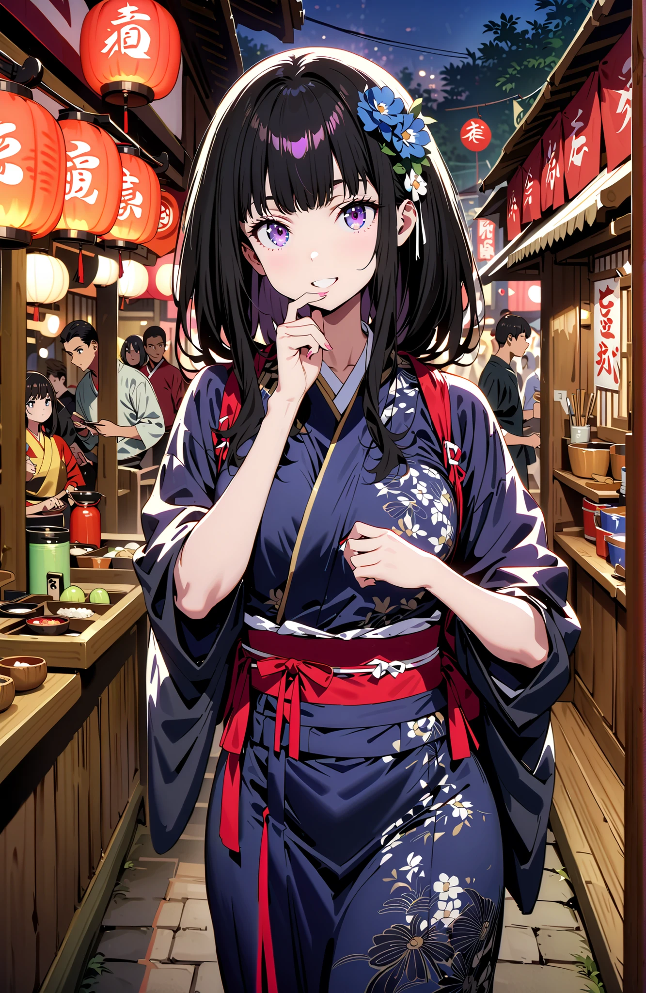 Takiuchikami, check it out, bungs, black hair with a young pattern, purple eyes,long hair,smile,cover,open your mouth,narrows her eyes,Medium breast,flower hair ornament,Blue flower pattern kimono,standing,Light up fireworks,Japanese stalls ,Red Lantern,night,full bodyがイラストに入るように,break outdoors, Japanese Festival,
break looking at viewer,full body,
break (masterpiece:1.2),Best Quality ,Kampala,unity 8k 壁紙,(shape:0.8),( fine and beautiful eyes :1.6),It's a person ,full body写真,CG Details , (perfect hand,complete anatomy),