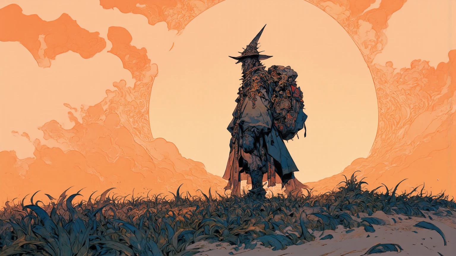 A surreal landscape featuring a crazed traveler walking through it, illuminated by warm orange natural light. The traveler wears a long cloak adorned with tribal patterns, a tall hat, and carries a large backpack. With a serious expression and textured skin, the traveler is depicted in profile outdoors. The foreground is covered by wave-like plants, while dramatic clouds spread across the background in a pastel color palette. The natural light emanates from the horizon, creating a dreamy atmosphere. The side view illustration is rendered in the style of Moebius, with deep depth of field, balanced exposure, and no motion blur, evoking Jean Giraud’s iconic comic book art style.