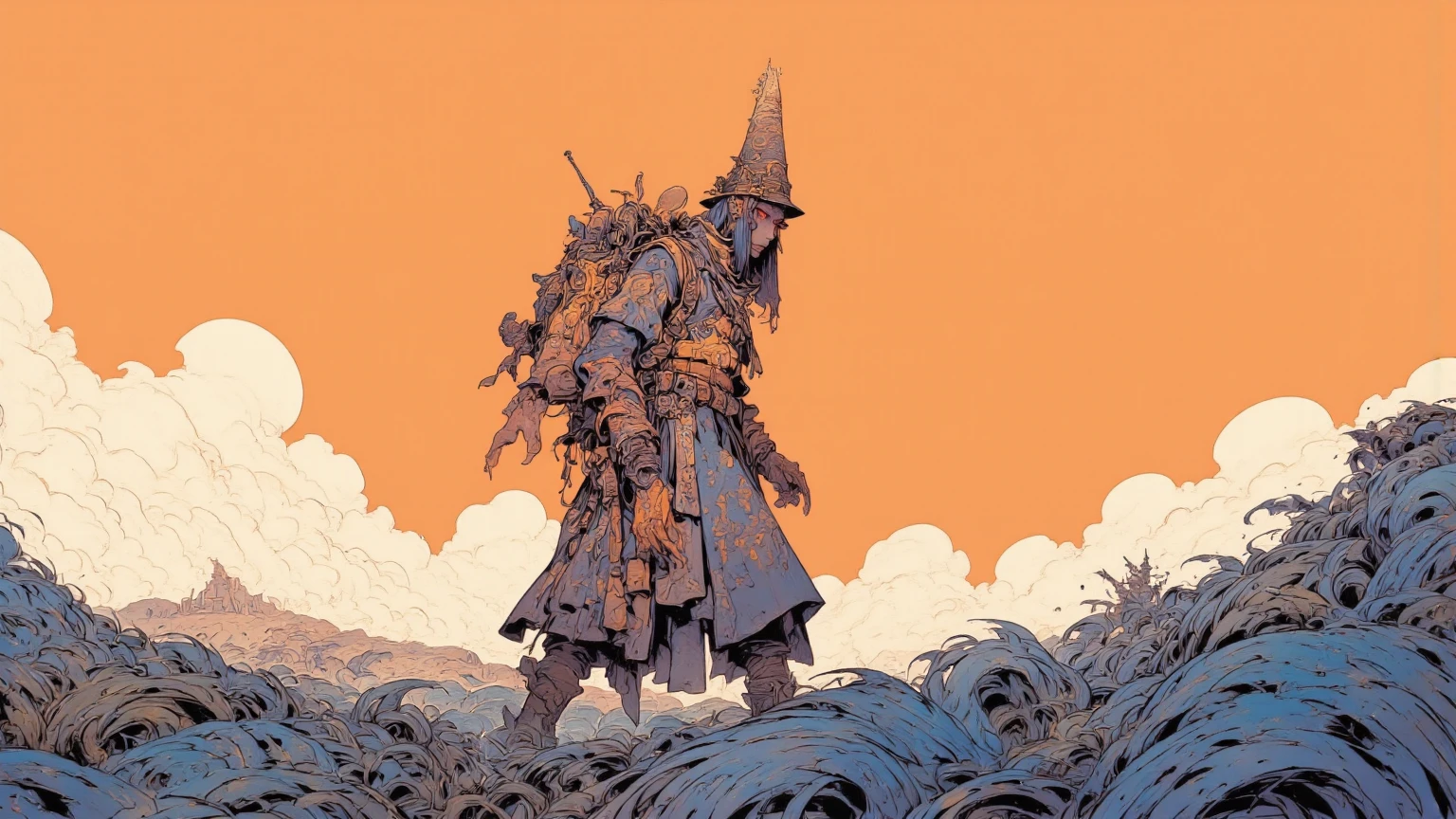 A surreal landscape featuring a crazed traveler walking through it, illuminated by warm orange natural light. The traveler wears a long cloak adorned with tribal patterns, a tall hat, and carries a large backpack. With a serious expression and textured skin, the traveler is depicted in profile outdoors. The foreground is covered by wave-like plants, while dramatic clouds spread across the background in a pastel color palette. The natural light emanates from the horizon, creating a dreamy atmosphere. The side view illustration is rendered in the style of Moebius, with deep depth of field, balanced exposure, and no motion blur, evoking Jean Giraud’s iconic comic book art style.