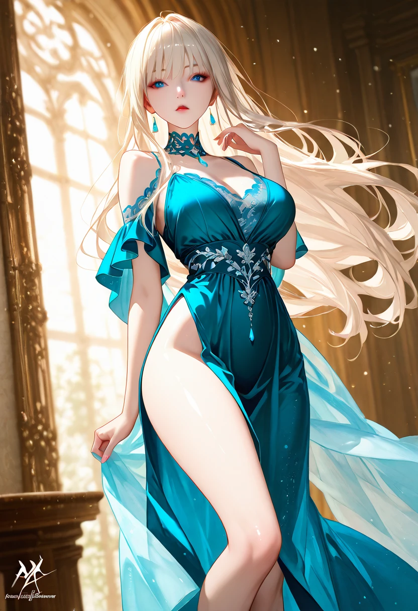 1 girl in, blonde  hair, Longhaire, Bangs coming out of the forehead, Light green eyes, blue headwear, 耳Nipple Ring, Beautiful expression, Delicate eyes, Blue Night Sky Mermaid Dress, (((exposed breast))), doress, Beautiful antique interior, (Standing picture, full body Esbian), [[[[multiple arms]]]], [[[[Bad face]]]]
