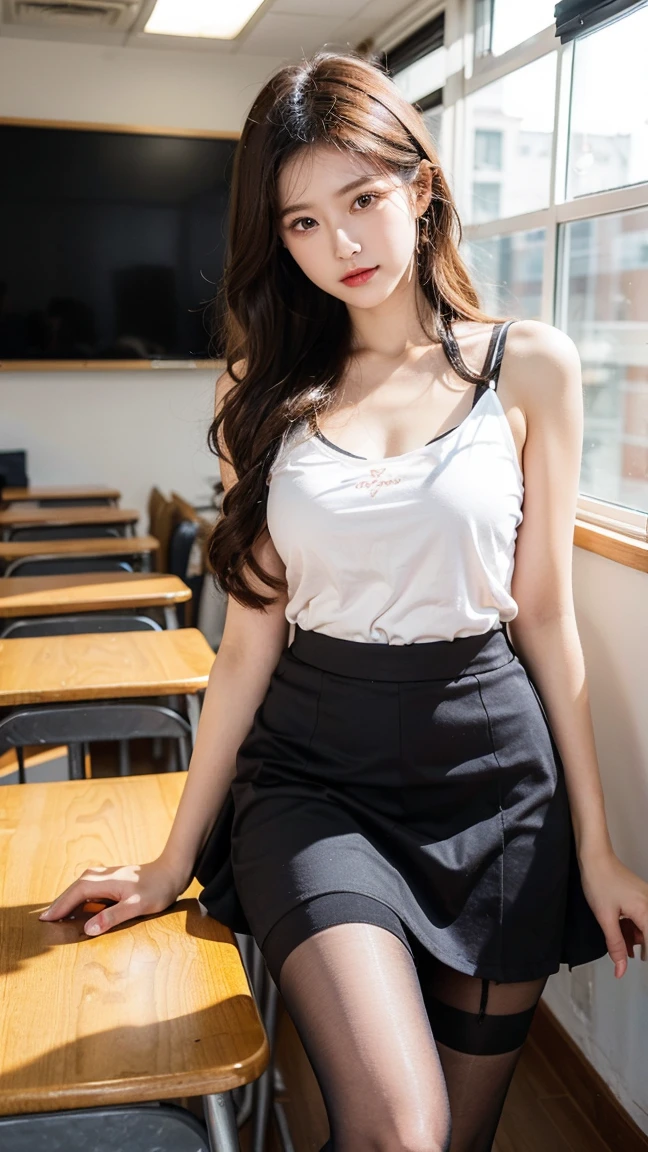 A perfect young female，Chinese in tank top and shorts, over size t-shirt and shorts in the coffee lab, chinese women's fashion model, smooth color tight clothes suit, CG rendering, Blurred background, deep shadow,  16K, bokered,   Very detailed, wallpaper, depth of field, movie light, lens flare, Ray tracing.