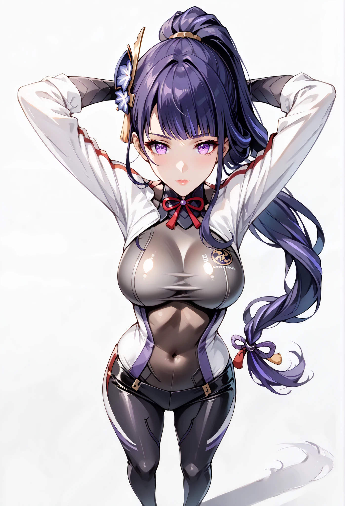 score_9, score_8_up, score_7_up, source_anime, 4K,perfect fingers,(perfect hands, perfect anatomy),prefect lighting, very aesthetic, intricate details,highly detailed background, masterpiece, high quality, best quality,
raidenshogun, raiden shogun, ((ponytail hair:1.5)), hair flower, hair ornament, long hair, mole, mole under eye, purple eyes, purple flower, purple hair, large breasts,,
wearing ((circuit girl, racing suit, latex,red and white racing suit, )),,
Standing, A sagging breast, ((White plain background:1.5)) , looking at the spectator, ((arms behind head:1.5)), ((front view:1.5)), ((High Angle View:1.5)),
