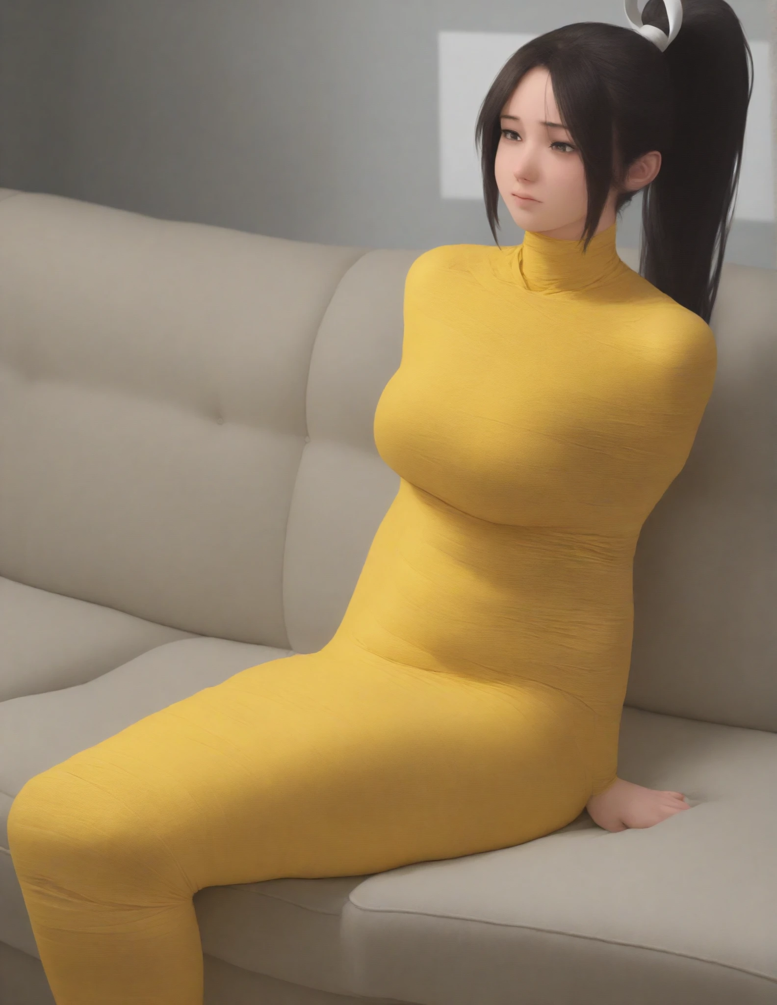 (ultra realistic,32k, masterpiece:1.2) (high detailed skin:1.1) ( high quality:1.1) tsundere elf, long hair, blonde hair (green eyes:1.1) pointy ears, elf, multicolored hair, forehead jewel,dress (yellow dress:1.5) long sleeves, turtleneck bodysuit, pantyhose, sweater (black sweater:1.5) (looking at viewer, sitting, from above:1.1) (huge breast,large breast,:1.2) (golden hour:1.1) echoing caverns, reverberating echoes, hidden chambers, ancient echoes of the past, blurry background