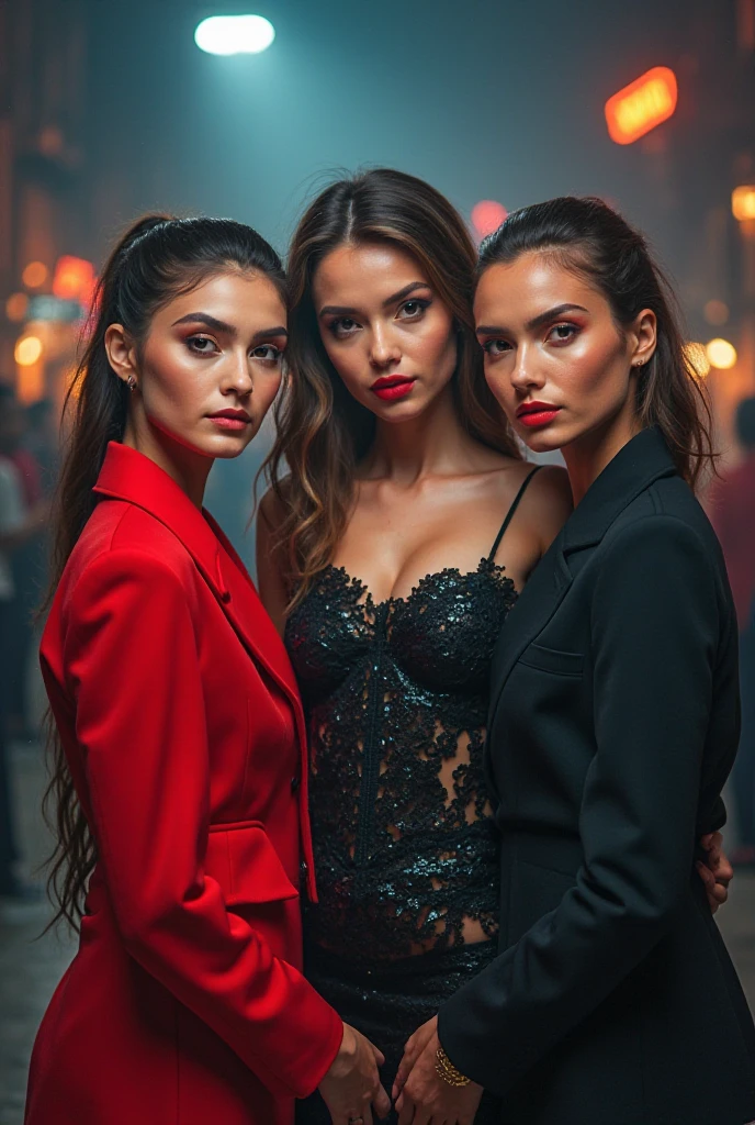 Three women are in the spotlight, similar in appearance to the photos you provided. They are at a party with a predominantly black and red background., with subtle lighting to highlight the sophisticated nocturnal atmosphere. Ao fundo, there are other people visible, but blurred, to keep the main focus on the three women. 1. The first woman, with dark skin and braided hair that falls to the side, wears a stylish top and a high-waisted skirt, in dark tones. 2. The second woman, with fair skin and curly blonde hair, wears a red dress with a black jacket 3. The third woman, with olive skin and straight, dark brown hair, wears a black corset, combined with a long skirt or pants that brings a touch of elegance. They all have dark brown eyes, long hair and a delicate face, Soft, all three are 20 year olds. The scenery in the background suggests a sophisticated party, with diffused lights and an elegant atmosphere, where red and black tones predominate in the decoration. realistic drawing