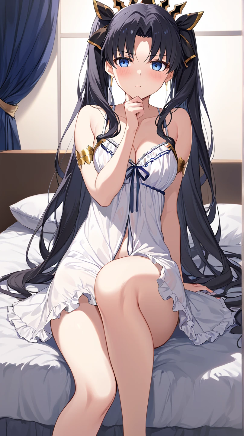 masterpiece, best quality, ultra-detailed, illustration,1girl,
long hair, black hair, 
medium breast,  white gown, slim legs, navel, nervous, bedroom, leaning