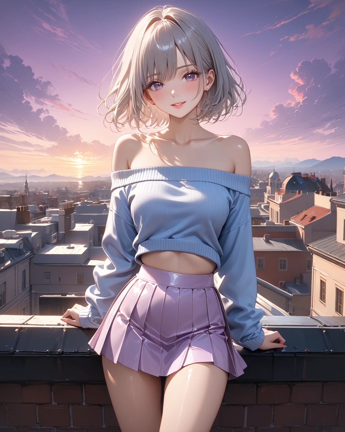 (masterpiece, best quality:1.2), (absurdres, highres, ultra-detailed), (perfect anatomy), BREAK , realistic, 1girl, white hair, purple eyes, glowing eyes, crop top, skirt, parted lips, blush, night, flowers, sun, sunlight , BREAK , -