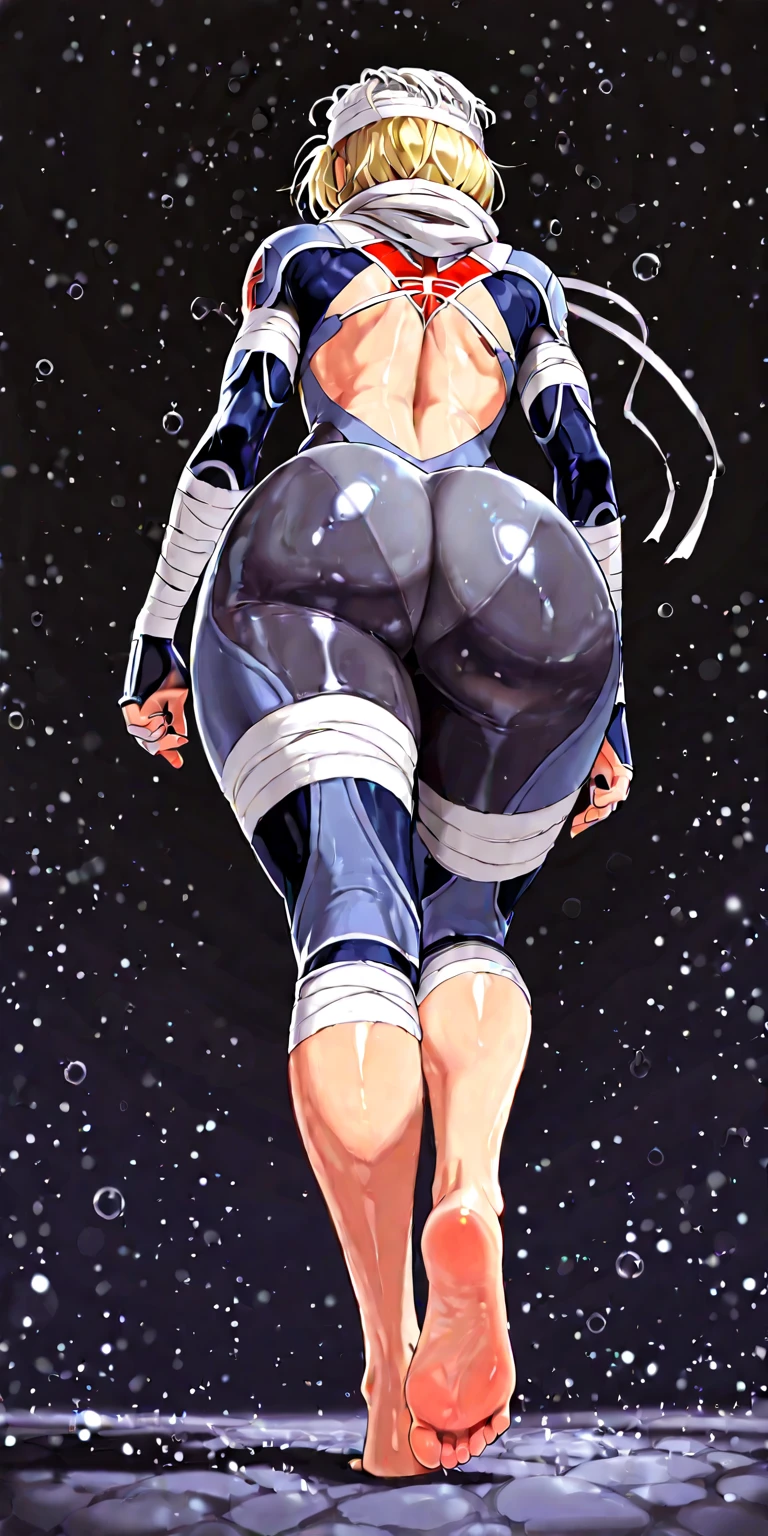 Huge Blue Sexy Santa in Shiny Bikini and Knee-High Boots,Giant,Sexy Santa,Giant visits the school,There are a lot of people in the schoolyard々,Sweaty skin,Dirty body after multiple births,blue sky,An ominous blue sky,School building,high resolution,masterpiece