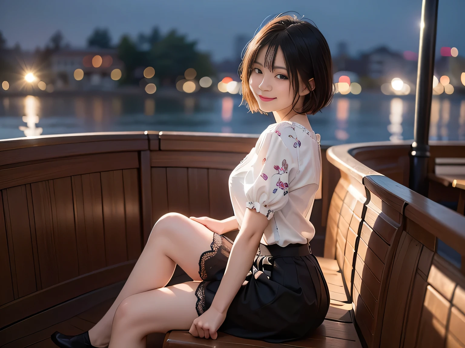 (8k, Best Quality, Masterpiece: 1.2), (Realistic, Photorealistic: 1.37), Super Detailed, 1 Girl, Cute, Alone, Beautiful Detailed Sky, Detailed Cafe, Night, Sitting, Date, ( Nose blush), (smile: 1.15), (close mouth) small breasts, beautiful details, (collared shirt: 1.1), night, wet, business wear, rain, white lace, (short hair: 1.2), floating Hair NovaFrogStyle,
