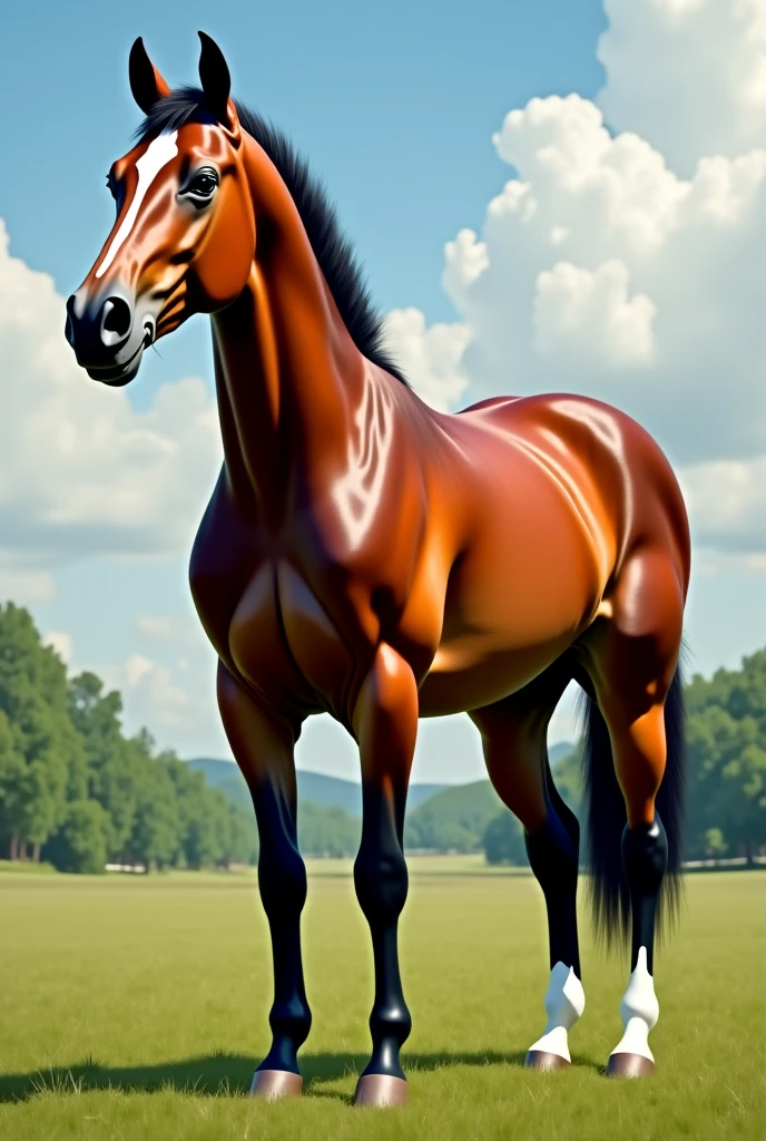 a very full figured very black skinned nude African woman riding a big Belgian draft horse mare (side view). big bum. very short tail. horse facing horizon . flat grass meadow. steaming horse dung behind horse. cloudless blue sky.