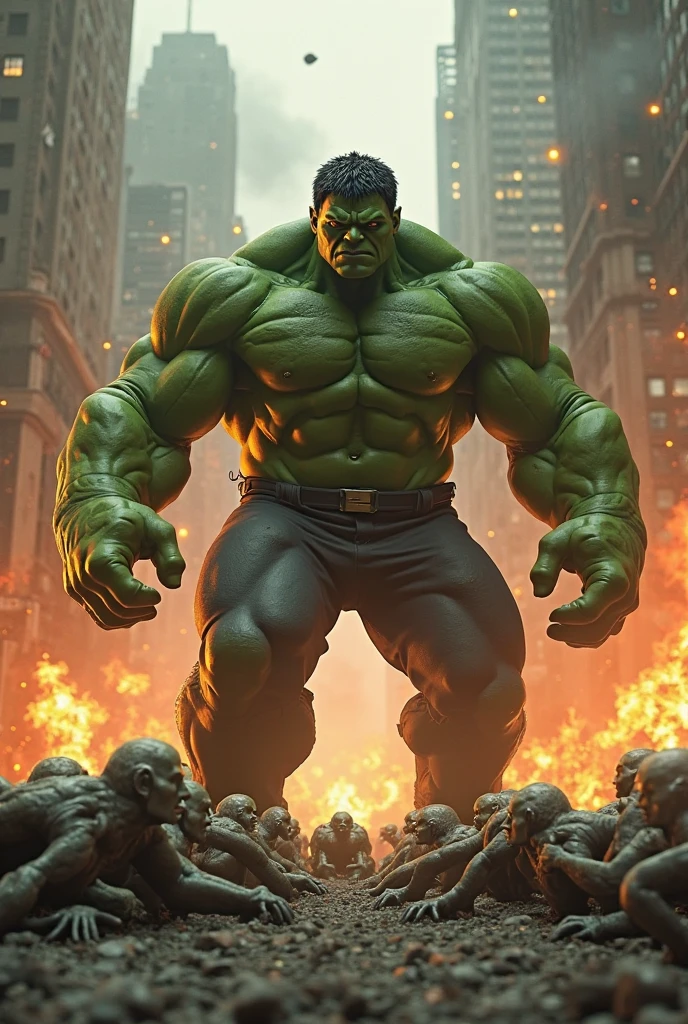 hulk (( proud expression)), masterpiece, best quality, ultra-detailed, ground, city background, shadows, contrast, clear sky, analog style (look at viewer:1.2) (skin texture) (film grain:1.3), ultra-high resolution, octane render, 16k