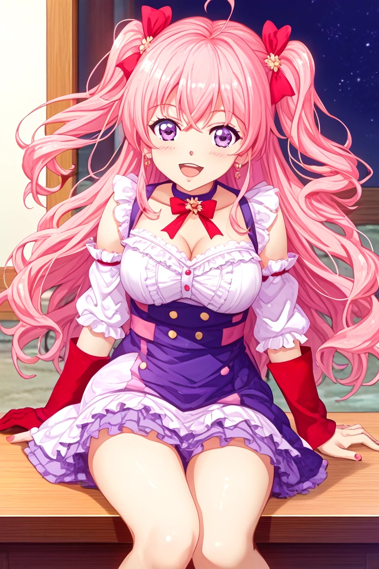 ((high detailed, best quality, 4k, masterpiece, hd:1.3)), ((best quality)), (((HD))), (((8k))), (ultraDH), (ultra HD), classroom_background, moonlight through the window, wooden room, Perona standing posing, BREAK black eyes, seductive, attractive, sexy smile, smiling, smooth anime cg art, 36C_breasts, cleavage, 36C cleavage, long legs, vivid colors, detailed digital art, slim body, perfect skin, wet hair, looking at viewer, BREAK looking at viewer, extremely detailed face, drill hair, striped, crown, dress, skirt, ghost, red capelet, pink bowtie, striped pantyhose, crop top, red skirt, red boots, dark gothic eyeshadows, dark eyeshadows, black eyeshadows, dark_pink_sexy_lips, pink lips, dark lips, gothic painted lips, dark_pink_lips, very dark lips, pink_painted_lips, (very thin lips), thin lips, detailed lips, (dark:1.2), (perfect hands, perfect anatomy), black makeup, detailed fingers, five fingers per hand, 5 fingers, (1 girl), (solo:1.3), (breast focus), (breasts out:1.3), (off shoulder:1.15), (from above:1.3), (arms outstretched:1.3),