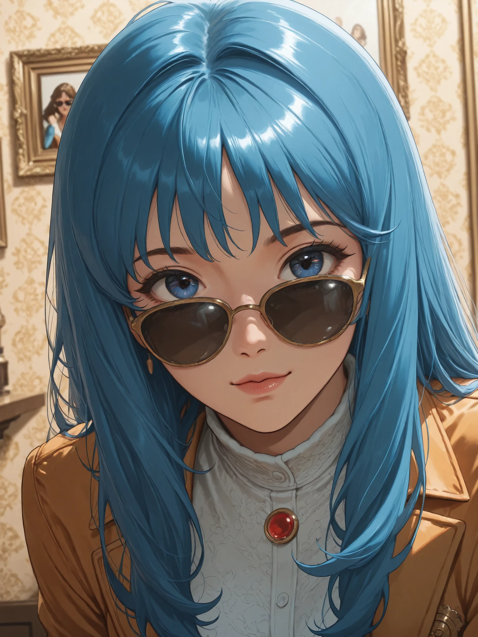 Best Cell Phone Wallpaper, Award-winning wallpaper , Portrait Shooting, Front View Portrait of a Cute female Wearing 1960s Space Age Fashion, Portrait photo, Taken with Canon EOS R5, Set strong contrast to highlight the subject, fluorescent blue tone, 1960s Style Wearing Extremely Modern Coat and Sunglasses, Similar Colored Clothes, beautiful background