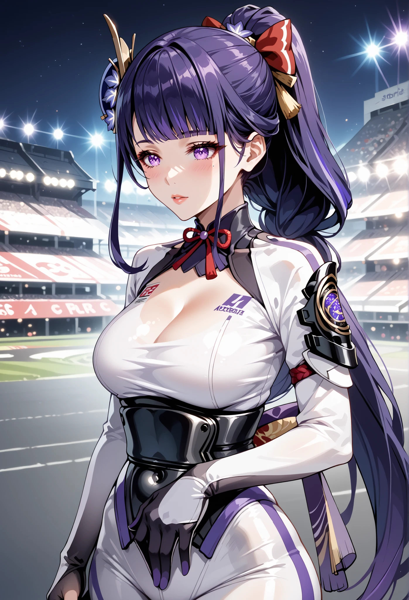score_9, score_8_up, score_7_up, source_anime, 4K,perfect fingers,(perfect hands, perfect anatomy),prefect lighting, very aesthetic, intricate details,highly detailed background, masterpiece, high quality, best quality,
raidenshogun, raiden shogun, ((ponytail hair:1.5)), hair flower, hair ornament, long hair, mole, mole under eye, purple eyes, purple flower, purple hair, large breasts,,
wearing ((circuit girl, racing suit, latex,red and white racing suit, )),,
A sagging breast, stealth masturbation,