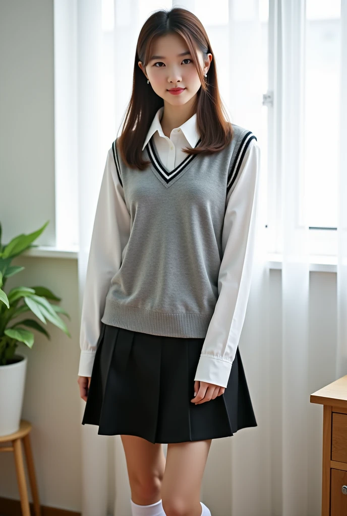 a closeup, ​masterpiece, top-quality, FULL ANATOMY、Raw foto, Photorealsitic、(Cute little face:1.8)、(Very cute smile:1.7)、(with round face:1.9)、(She looks like an idol and is cute:1.7), (A dark-haired)、(cute school uniform:1.7), depth of fields, hight resolution, ultra-detailliert, finely detail, ighly detailed, extremely detailed eye and face, Realistic pupils, foco nítido, Cinematic lighting、18-year-old woman、(One lady、Only one person、独奏、without background:1.7)、 (poneyTail、curlyhair:1.4)、Very detailed 8k wallpaper、Show me your whole body、Looking at the camera、(Too short plaid pleated skirt、I can see the white panties、Plump panties、Lift the hem of the skirt with both hands、Showing her panties to the camera:1.7）、(Pink Fishnet Stockings)、(Brown Long Boots:1.4)、is standing、Angle from below、(Thigh close-up:1.6)、(Nice figure、big breasts thin waist)、(Clothes with emphasized chest bulge、Colossal tits:1.6)、depth of fields、Bokeh in the background