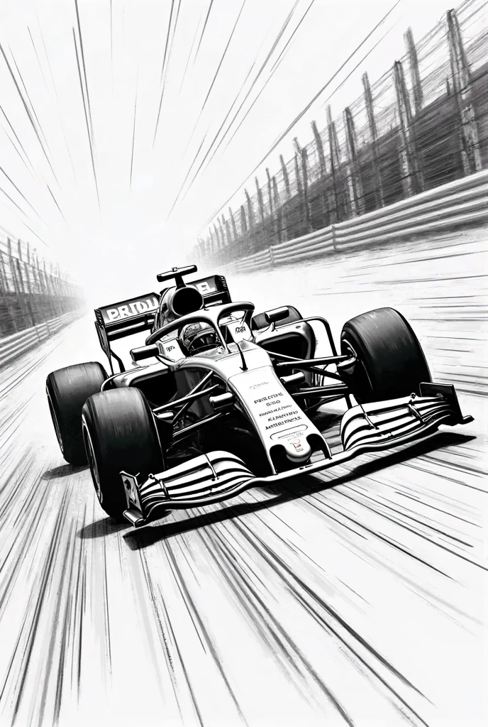 a black and white comic illustration of a formula 1 car rushing down the circuit. fill whole image with dynamic line movement. motion blur. big bold chaotic caption "Vrrrrooom" across.