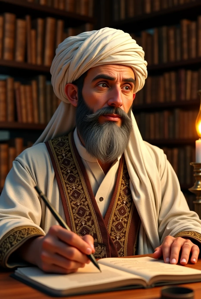 A old man ubqari style sitting on mimbar cartoon style