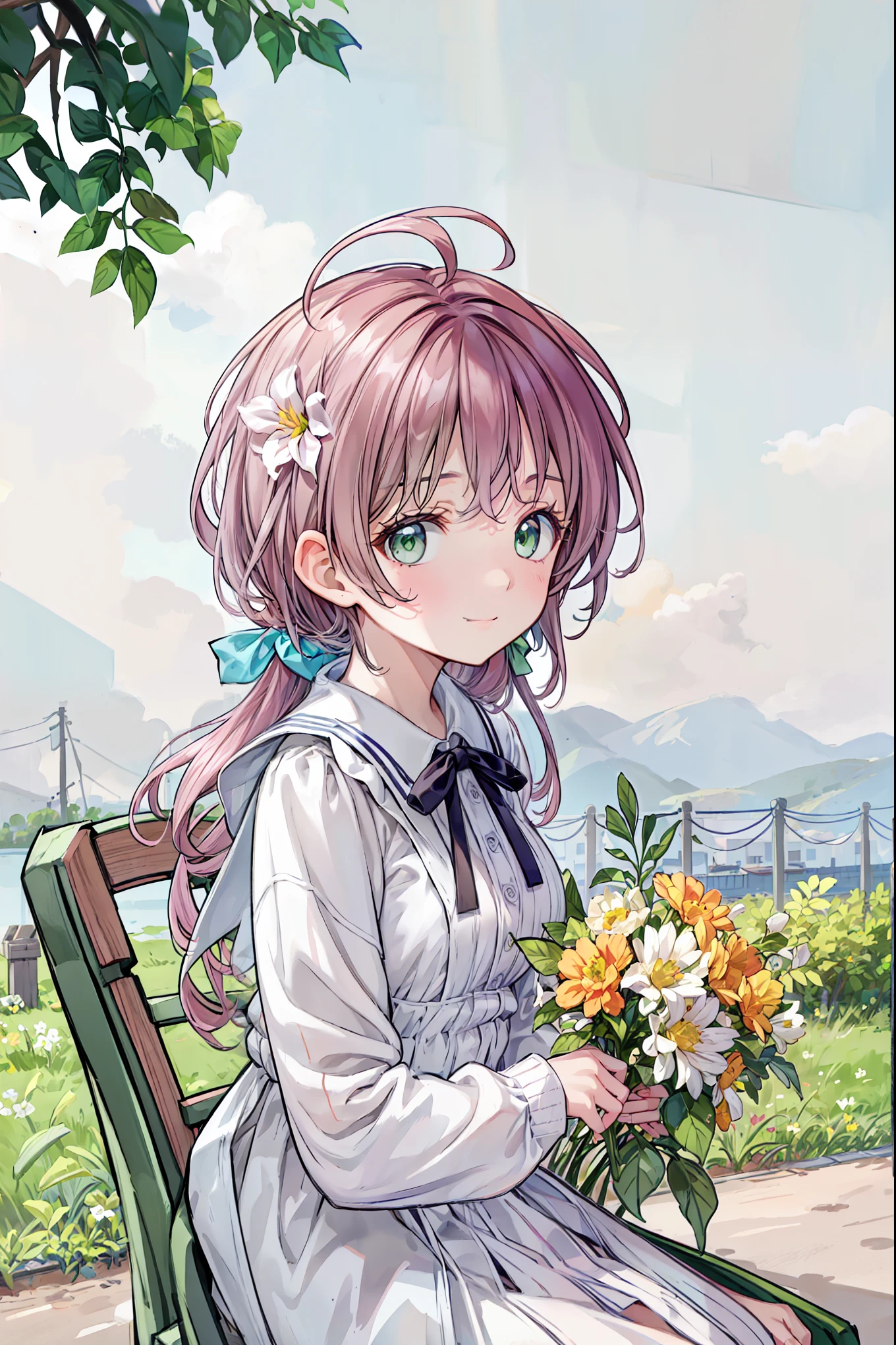 (masterpiece), (Best Quality), Ultra High Definition , sharp concentration, gentle pastel tones, ((Mature Solo, alone)), upper body, Mid-Range Long Shot , MLS, beautiful detailed hair, maroon hair, Long Disheveled Hair, beautiful detailed face, ((Beautiful eye shape, green eyes)), Perfect Feminine Face at Lily Flower Farm, smile, smile, watch viewers,Lightweight Dress for Women, On a Beautiful Morning , Beautiful Flowers Sitting on the Ground in the Prairie,Modest milk