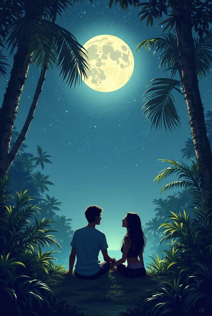 1 girl, 1 boy, face to face, Men are tall, women are short, women straight hair, Women's hair is not too long, men and women standing close together, casual clothes , poised posture, natural skin
BREAK
Blue sky night, (rim lighting):1.2, cold tones, Moonlight and stars, soft shadows, dark colors , Sharp effect, dreamy atmosphere 
BREAK
Lush forest, Tropical rain tree, calm forest, reflection, Moonlit forest, peaceful ambiance, ultra detailed, official art, unity 8k wallpaper
, zentangle, mandala