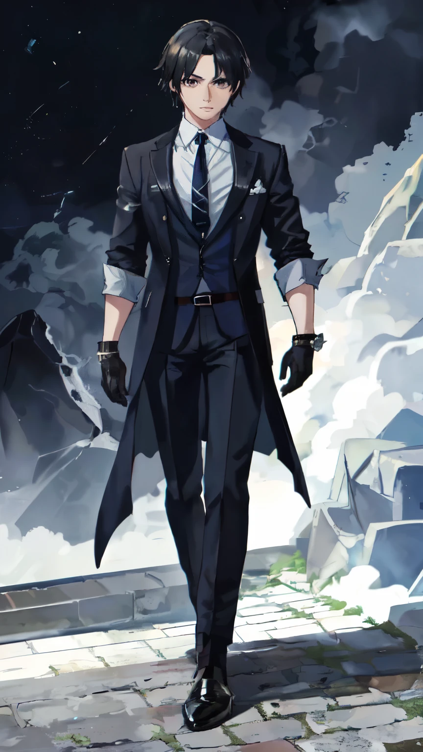 ((best quality)), ((masterpiece)), (((completely complete))), (( ultra-precise depiction)), (best image quality), ((Detailed Faces)), (A 30-year-old male detective, Stiff, tall, Slim, serious face, dark-haired belly shorthair, Red Eyes, I have long lashes, Navy blue pantsuit, white shirt, tie, Black gloves, Leather shoes), (((well-groomed face))), ((full body)), standing, ((( background via))),anime