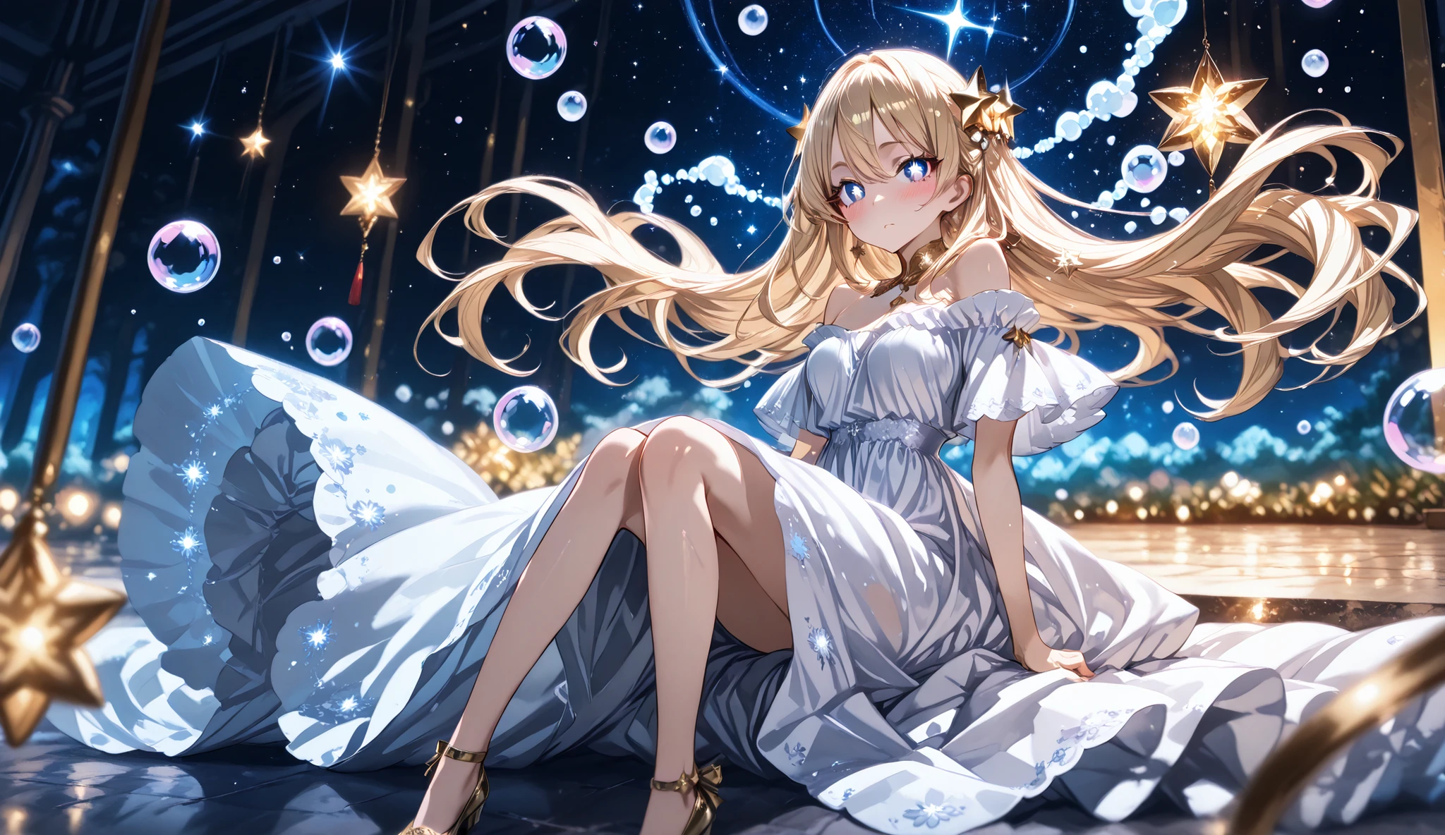Best quality, masterpiece, ultra-detailed, illustration, fine lighting, extremely delicate and beautiful, a girl, lovely face, full body, two legs, off-shoulder long dress, beautifully delicate eyes, stars in my eyes, floating hair, slight baby hair, light golden nebula decorations in the hair, many large light-colored bubbles, [pearls], [soft light blue and light golden auroras], depth of field, eyelashes light blue, pupils light golden. Tyndall light particle effect, faint blush.