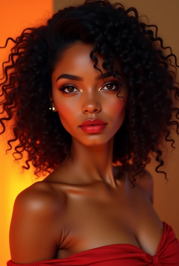 Woman wore red dress torn in flames. Completely Arafed woman with green eyes, eyes open and head held high. Confident pose, confident pose, beautiful young black woman with dark skin, Brazilian mixed race black woman, beautiful 30 year old Afro-Latina girl, beautiful African and Latin woman, Brazilian and Angolan descent, a black woman, mixing African and indigenous features, a unique mix of indigenous, African and European ebony. The hair is extremely curly, with well-defined and voluminous curls. The natural texture. Her hair is long, falling in voluminous waves around her shoulders and down her back. The hair has a lot of volume, creating a full, dense appearance. The hair is red, a shade of red. green eyes, eye is green, expressive green eyes, beautiful green eyes, realistic green eyes, detailed green eyes (eyeliner, long eyelashes). Perfect eyebrows and they are thick. the nose is small and proportional, beautiful face. Attractive and irresistible mouth, well-defined lips, full lips, voluminous lips, seductive lips. The face is oval, with high cheekbones and a well-defined chin, a beautiful and detailed face. Professional, dramatic makeup, a more impactful look with shadows that accentuate the captivating look, striking makeup, with eyeliner, black lipstick. Skin tone: Olive skin, healthy and even glow, with olive skin, dark skin, sexy girl with olive skin, detailed skin texture, beautiful and glowing skin, intricate details, smooth skin, healthy and radiant appearance. A woman has a well-defined and athletic body. Her silhouette is shapely, highlighting a thin waist in contrast to fuller hips and bust. She has a prominent bust, with large, firm breasts, silicone breasts, voluminous breasts. Thin waist. The hips are wide and well-defined, with a pronounced hourglass shape and a large butt. The legs are long and muscular, with well-defined thighs. 50 mm lens, f/2.8, hdr, (8K) RAW photo, high quality resolution 8K uhd, dslr, 2k, 4K, 8K, 16K.