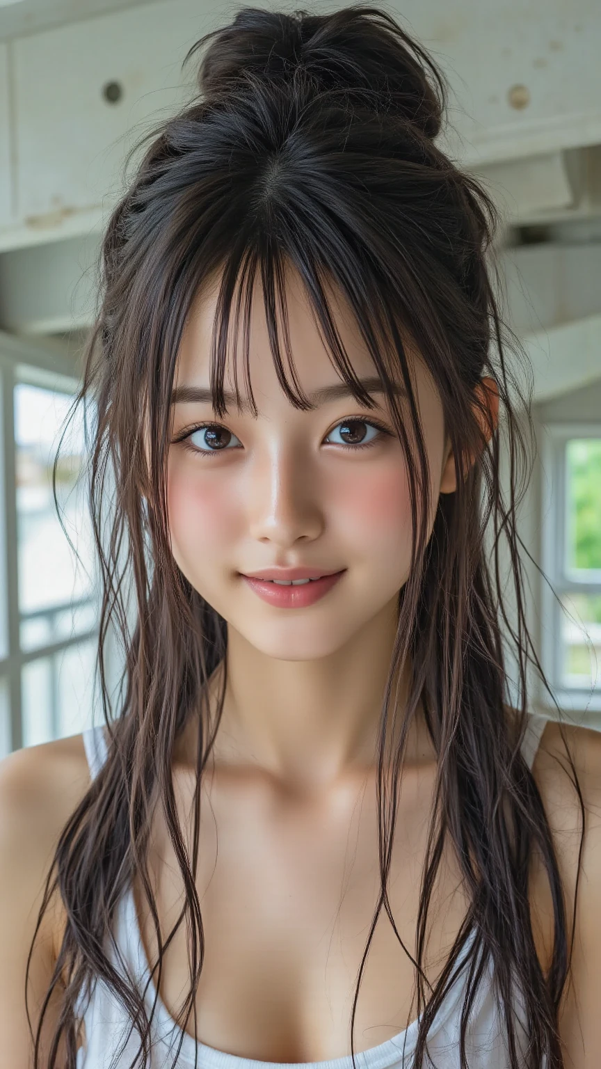 highest quality, masterpiece, ultra high resolution, (realistic:1.5), (close portrait) Raw photo, 1 girl, 22 years old,Face super close-up,face reflected in the mirror,Super close-up photo,((my face is wet too)),((just out of the bath)),((In bath towel)),((wet hair)),face moisturizing cream,Fine, clean skin,transparent skin,(smile),((smiling showing teeth))masterpiece, realistic pictures, japanese pictures, saturation, contrast, Short permed hair,