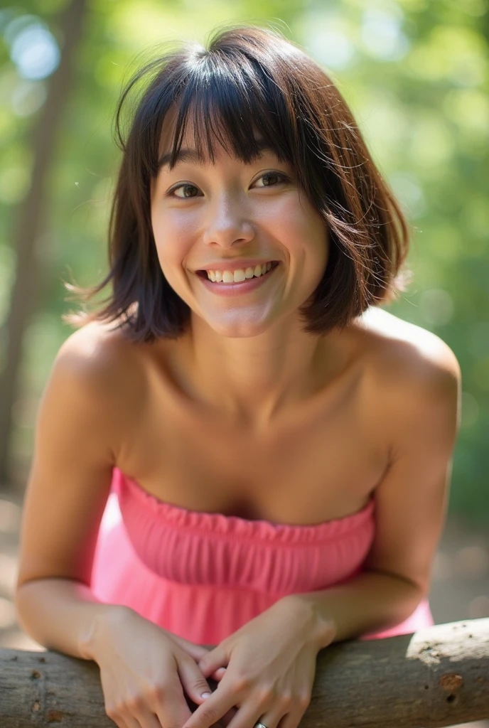 ((top quality, 8k, masterpiece: 1.3)), solo, Thai woman (45 years old, happy smile, highly detailed face and skin and hair texture, detailed eyes, double eyelids, white skin, beautiful delicate nose, bright hair color, bob cut hair), overhead camera, sharp focus: 1.2, while emphasizing the subject's hair, Nudity, no bar, no panties, small figure, 1.55 meters height, saggy small breast, hairy pussy, big belly, big hip, big butt, eyes, mouth, action, is pleasing to the eye, suggestive composition. ⠀ ground, outdoor, (night), mountain, nature, cheerful (stars, moon), rock, forest, stone, river, bonfire, wood, firewood, smoke, shadow, contrast, clear sky, style, (warm shade, warm tone)