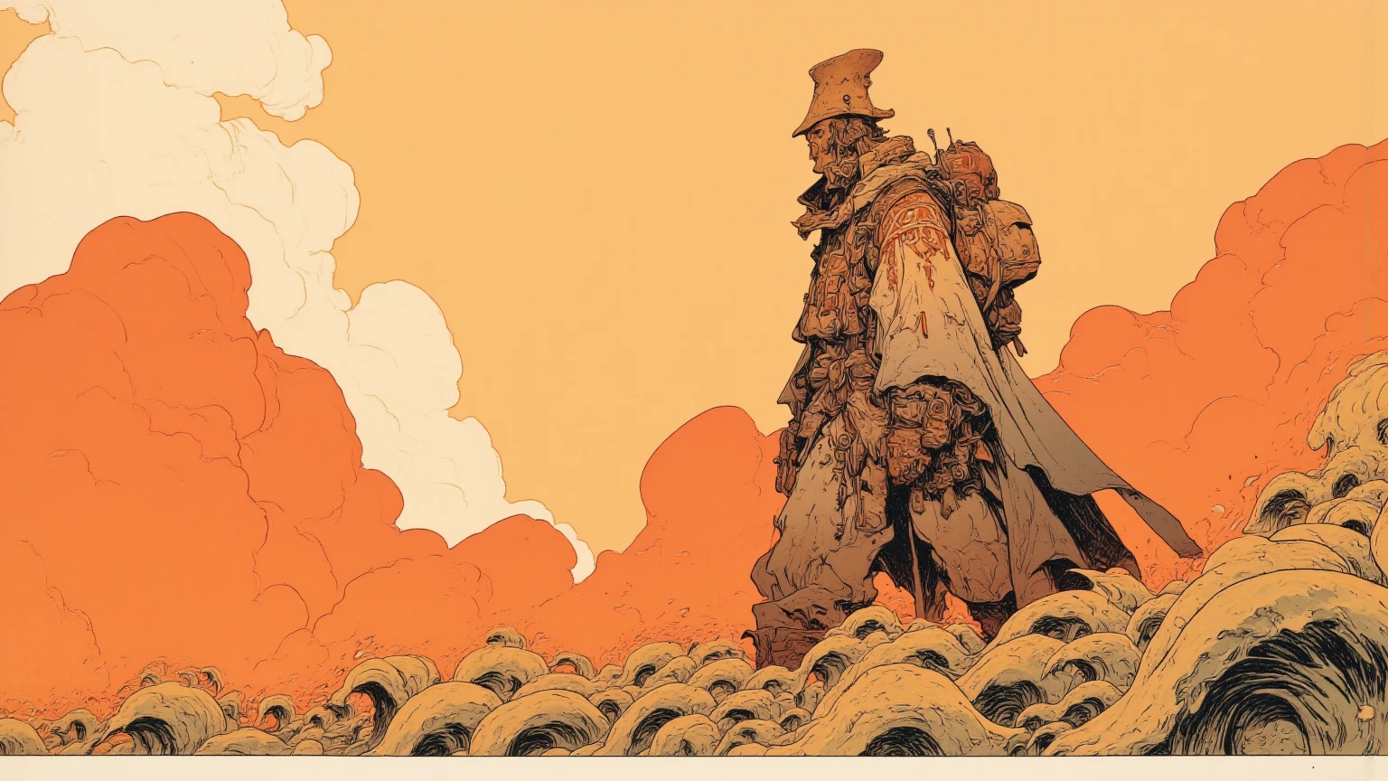 A surreal landscape featuring a crazed traveler walking through it, illuminated by warm orange natural light. The traveler wears a long cloak adorned with tribal patterns, a tall hat, and carries a large backpack. With a serious expression and textured skin, the traveler is depicted in profile outdoors. The foreground is covered by wave-like plants, while dramatic clouds spread across the background in a pastel color palette. The natural light emanates from the horizon, creating a dreamy atmosphere. The side view illustration is rendered in the style of Moebius, with deep depth of field, balanced exposure, and no motion blur, evoking Jean Giraud’s iconic comic book art style.