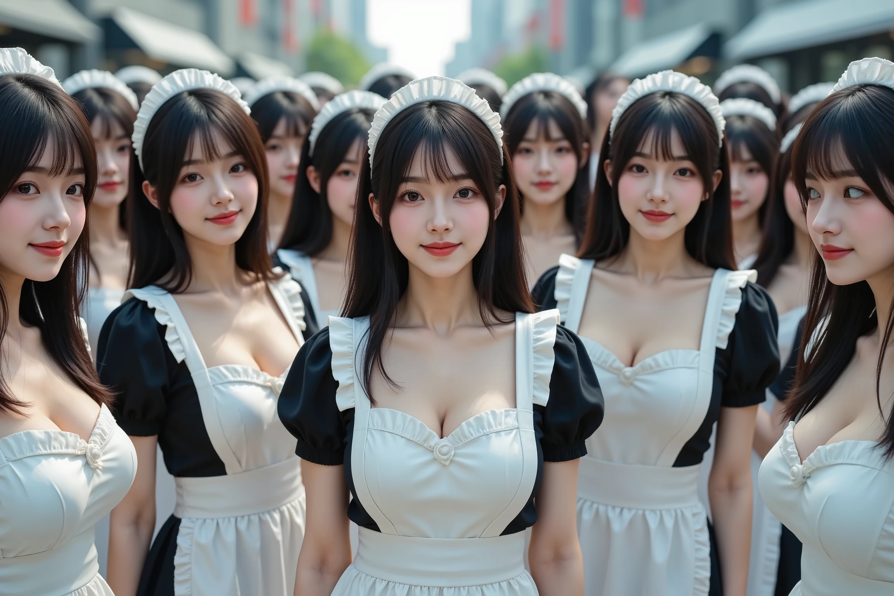(Myself=Japanese Beautiful Clones multiply girls),
(Japanese Beautiful Clones multiply girls:顔 髪型 体型 女体 super big 容姿=exactly match),
(Super Best masterpiece Art,16K, best image quality, Ultra High Definition),
(Xiaoyan, black hair, semi-long hair wearing a skirt, super very cute smile), ( walking while dancing )
(Very Beautiful, Detailed, and Accurate Female Body Movements, The delicate shape of the hands and feet is very accurate, super big , emphasizes cleavage),
(classic western maid costume that matches all looks), (Dance Music Video Version)
(Very detailed and accurate1Point perspective drawing, No need for a center subject)