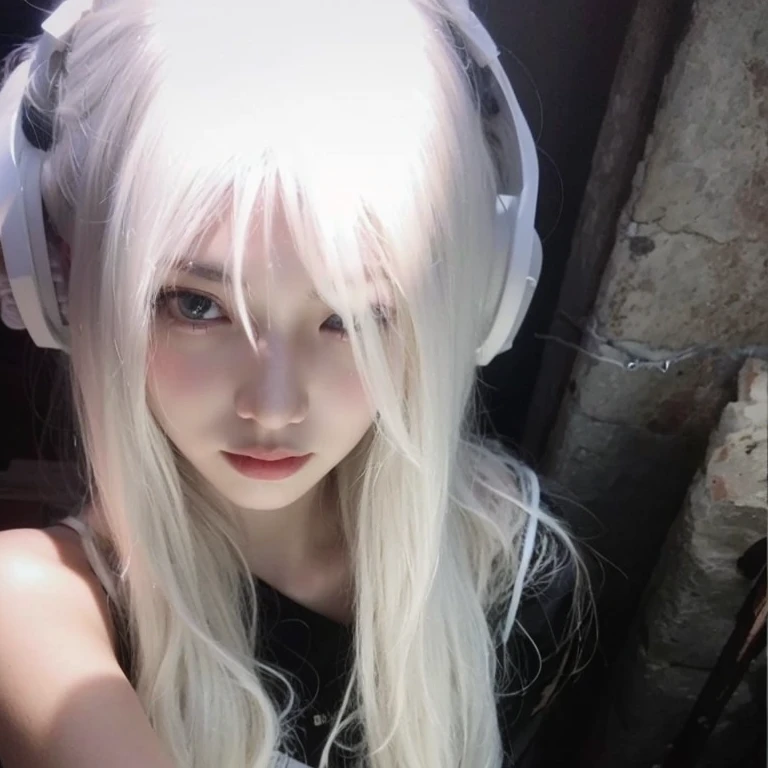 garota loira com fones de ouvido tirando uma selfie, cara ahegao, Tifa Lockhart com cabelos brancos, cabelos brancos rosto bonito, Estilo anime 3D realista, com rosto preciso, rosto branco brilhante, rosto perfeito ), Menina anime na vida real, pale round face, porcelana rosto branco, cara de anime bonita, rosto realista, cara de anime realista