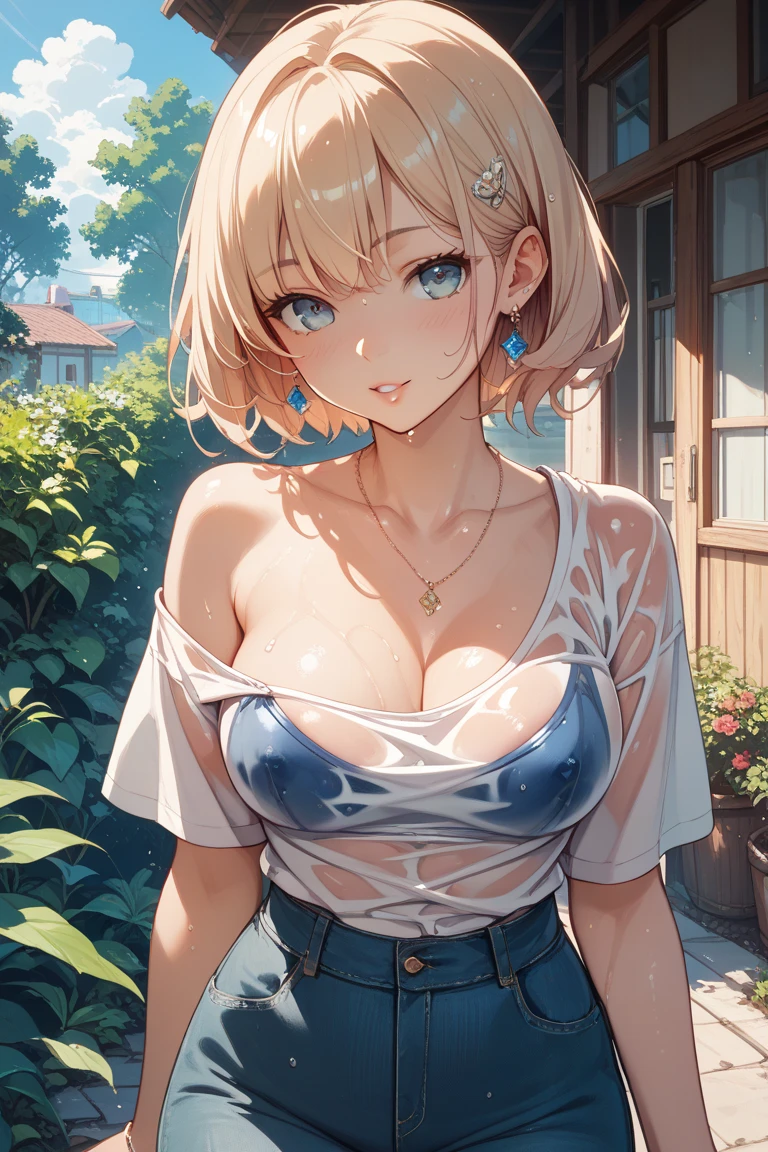 ((Highest quality)), ((masterpiece)), Pitch Resuit、Huge boobs:1.5、18-year-old female、(Embarrassed face:1.5)、(Completely visible:1.5)、(Panties fully exposed)、(White cotton panties)、Tears in the corners of my eyes、 Off the shoulder、See-through、Knee-high、(night)、garden、The surroundings are dark:1.5、Mini skirt dress 、watermark, (Glossy Skin, Sweaty:1.4)、、Short Hair、Blonde、(Brown Eyes),Drawing Depth,The eyes are delicate,Sharp pupils,slender、(Thick thighs)、 Extremely detailed