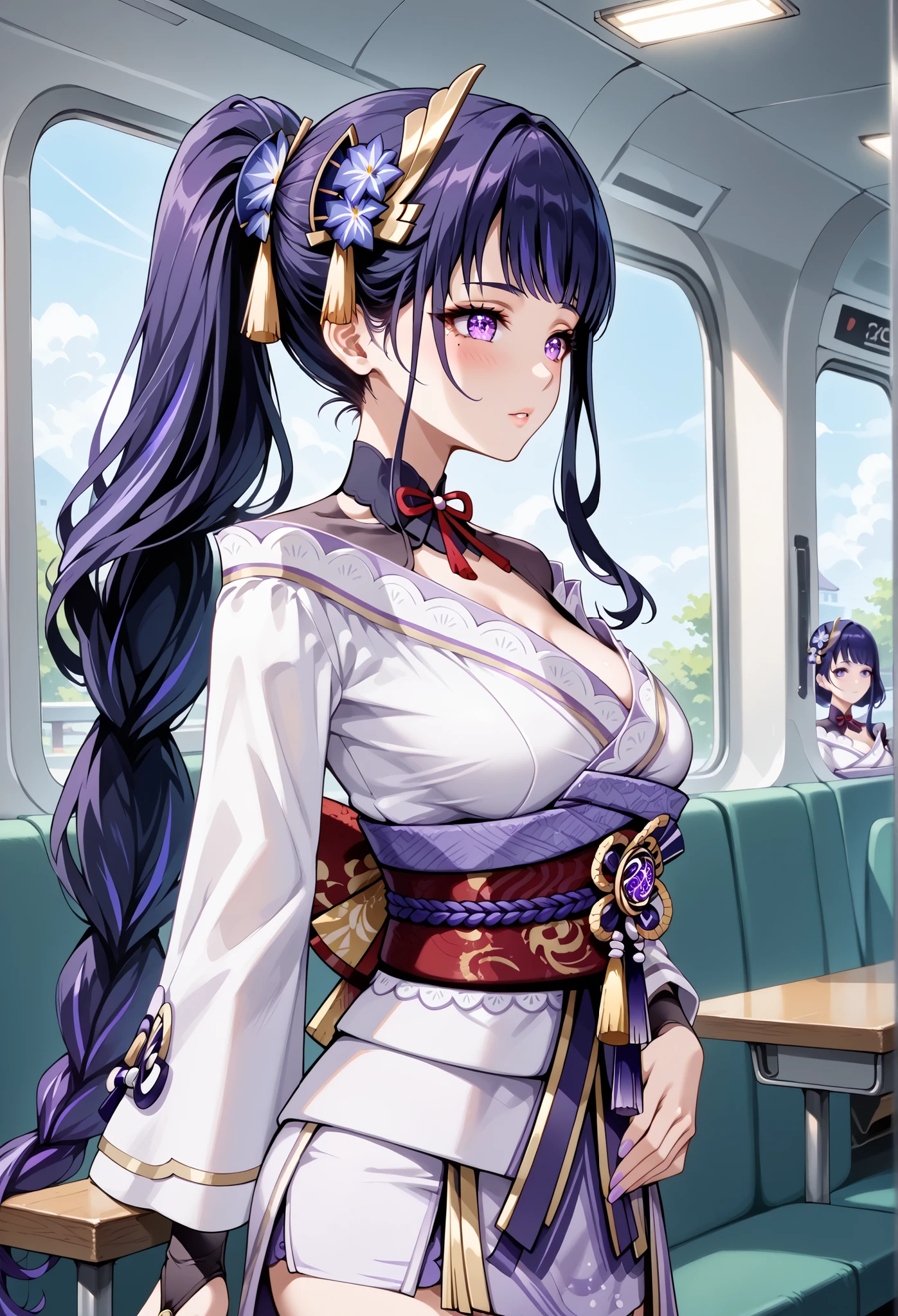 score_9, score_8_up, score_7_up, source_anime, 4K,perfect fingers,(perfect hands, perfect anatomy),prefect lighting, very aesthetic, intricate details,highly detailed background, masterpiece, high quality, best quality,
raidenshogun, raiden shogun, ((ponytail hair:1.5)), hair flower, hair ornament, long hair, mole, mole under eye, purple eyes, purple flower, purple hair, large breasts,,
wearing ((skirt, )),,
A sagging breast, stealth masturbation, inside bus,