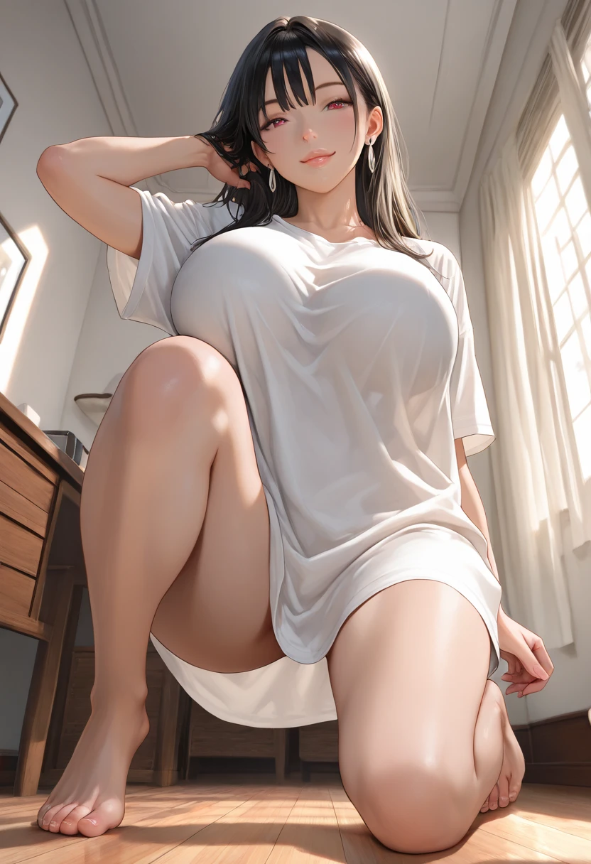 pov,mature woman,30yo,crouching on table,blonde long hair,(forehead:0.8),BREAK calm,(happy:0.8),curvy,oversized sweater,bottomless,(plump:0.7),(pussy showing:1.1),steam,(sexual fluids:0.5),portrait,background blur,modern living,window,