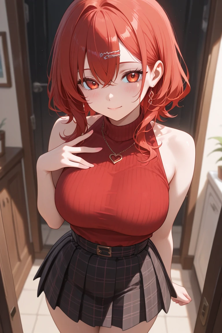 ((extreme detail)),(ultra-detailed), extremely detailed CG unity 8k wallpaper, best quality, homura, red hair, lustful eyes, parted lips, off shoulder, (light red sweater:1.3), skintight, fireplace,