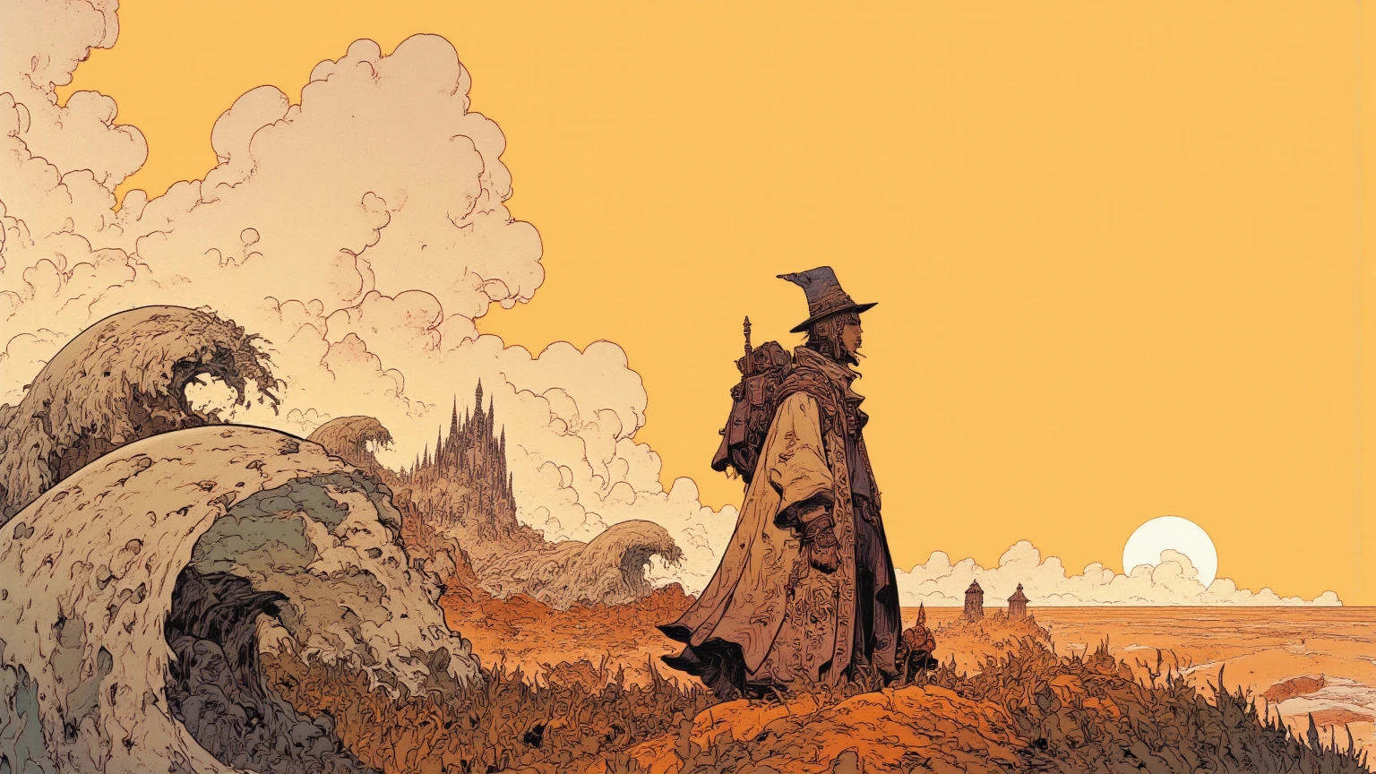 A surreal landscape featuring a crazed traveler walking through it, illuminated by warm orange natural light. The traveler wears a long cloak adorned with tribal patterns, a tall hat, and carries a large backpack. With a serious expression and textured skin, the traveler is depicted in profile outdoors. The foreground is covered by wave-like plants, while dramatic clouds spread across the background in a pastel color palette. The natural light emanates from the horizon, creating a dreamy atmosphere. The side view illustration is rendered in the style of Moebius, with deep depth of field, balanced exposure, and no motion blur, evoking Jean Giraud’s iconic comic book art style.