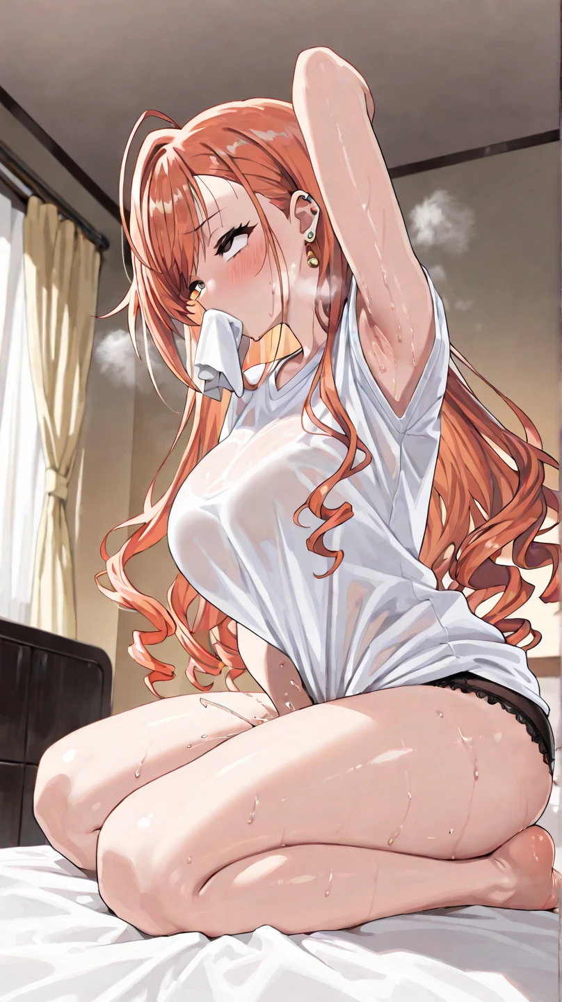 ((masterpiece,best quality anime,Highest quality:1.3)),realistic,cowboy shot,(28-year-old beauty), gunslinger ,1woman,独奏,((very small head:1.4)),((very long body:1.3)),red hair,bangs,straight long hair,gorgeous big eyes,brown eyes,shy,tears,((Denim mini skirt:1.2,White panties、topless,nipples,clavicle、navel)),((slender body:1.3,skinny)),small breasts,gleaming skin,shiny skin,Love juice、sweat:1.3,sitting,spread legs,Simple bedroom、The World of Westerns、