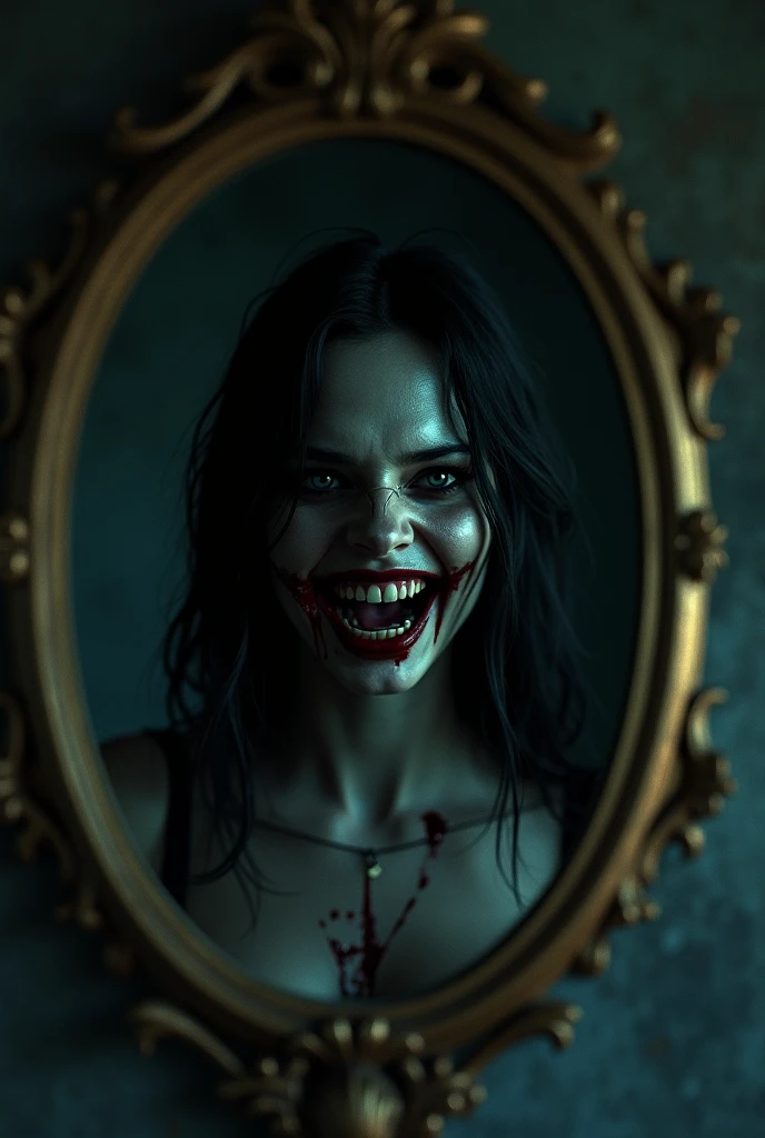 The final moment of darkness, with the woman’s reflection in the window being the only visible thing, smiling eerily.