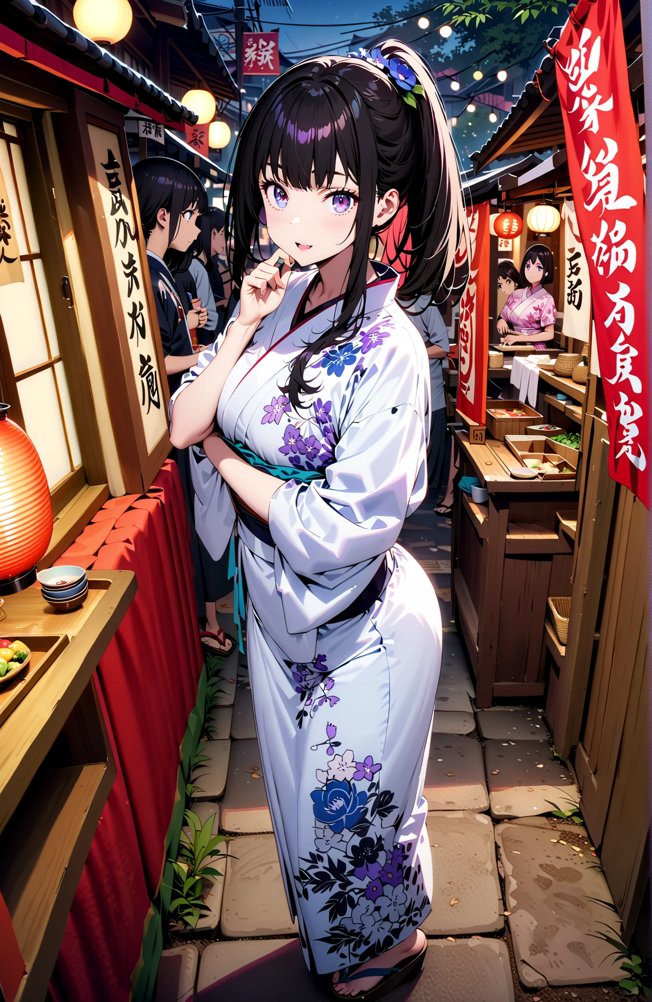 Takiuchikami, check it out, bungs, black hair with a young pattern, purple eyes,side lock,ponytail,smile,cover,open your mouth,narrows her eyes,Medium breast,flower hair ornament,Blue flower pattern kimono,standing,Light up fireworks,Japanese stalls ,Red Lantern,night,full bodyがイラストに入るように,break outdoors, Japanese Festival,
break looking at viewer,full body,
break (masterpiece:1.2),Best Quality ,Kampala,unity 8k 壁紙,(shape:0.8),( fine and beautiful eyes :1.6),It's a person ,full body写真,CG Details , (perfect hand,complete anatomy),