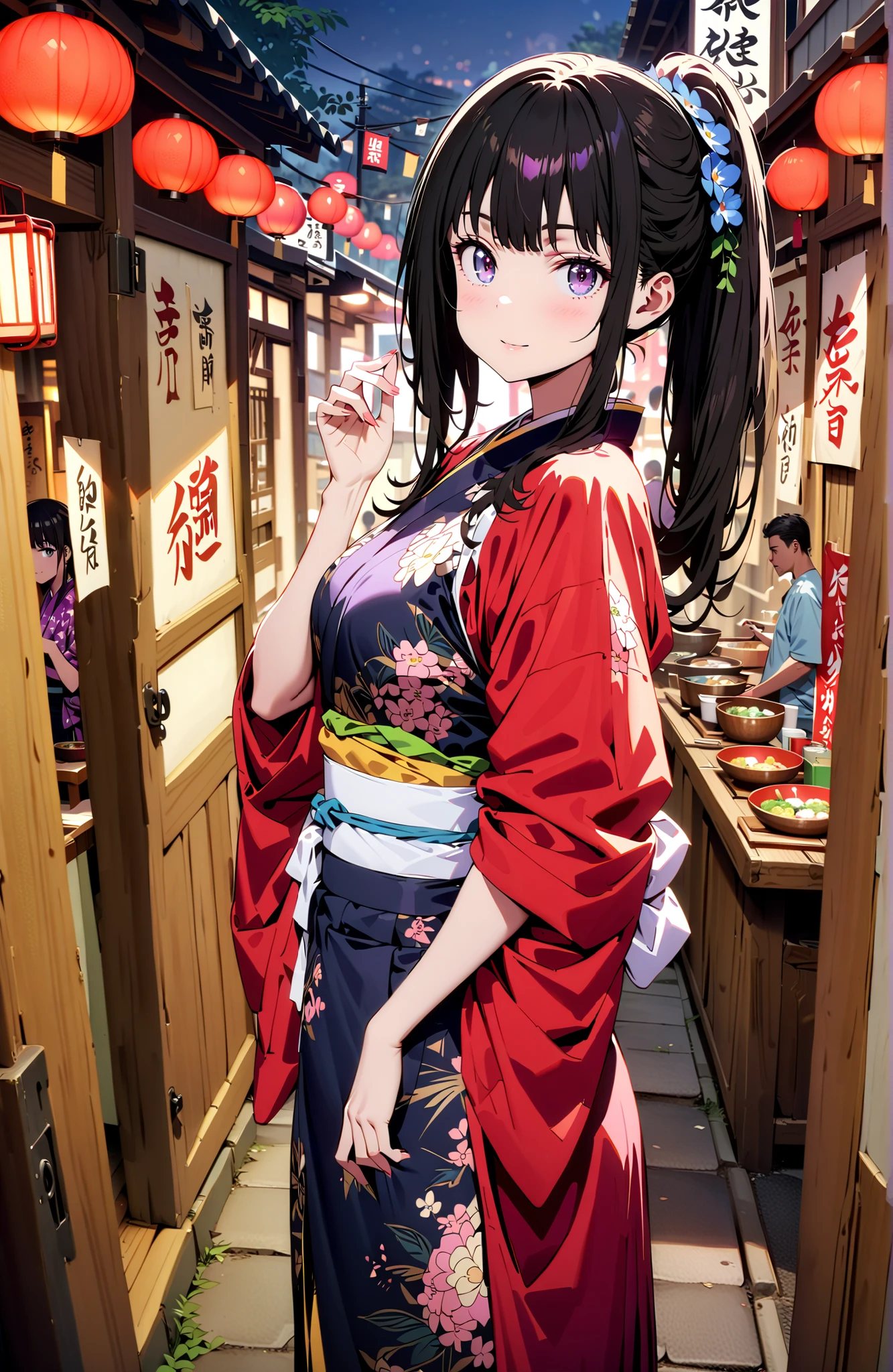 Takiuchikami, check it out, bungs, black hair with a young pattern, purple eyes,side lock,ponytail,smile,cover,open your mouth,narrows her eyes,Medium breast,flower hair ornament,Blue flower pattern kimono,standing,Light up fireworks,Japanese stalls ,Red Lantern,night,full bodyがイラストに入るように,break outdoors, Japanese Festival,
break looking at viewer,full body,
break (masterpiece:1.2),Best Quality ,Kampala,unity 8k 壁紙,(shape:0.8),( fine and beautiful eyes :1.6),It's a person ,full body写真,CG Details , (perfect hand,complete anatomy),