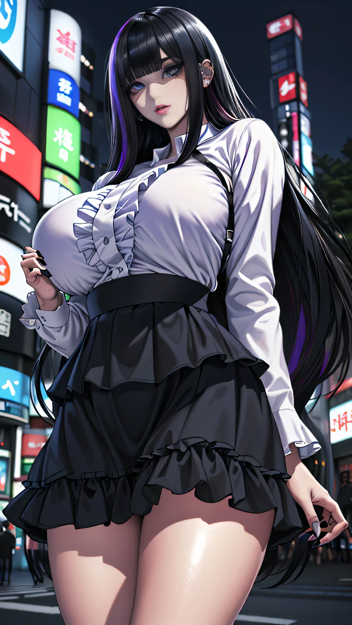super fine illustration,masterpiece,ultra high resolution , best quality, accurate human body,Perfect proportions,all Super Details,Anatomically correct,(((From the thigh up,shiny skin,sharp face,clear eyes,pale_skin,two-tone_hair,streaked_hair))),(Natural Skin Texture ,Beautiful skin),intricate details,Extraordinary Beauty, 1 woman,adult woman,25 years old,break,(((sadako))),(beautiful detailed blue_eyes:1.5),((extremely cute and beautiful face,:1.2)),(((gigantic breasts,hourglass_figure,voluptuous_body,big eyes,Eyelash extensions,long lower eyelashes,very_long_hair,straight_hair))),(Violet and black_hair,blunt_Bangs,ear piercings,skirt_lift:1.6),(frill_shirt,waist_nipper,Tiered skirt,black eyeliner,black eyeshadow,Black nails,black panties,black mascara,black face mask:1.3),(outdoors,Tokyo,Kabukicho,night,crowds:1.5)