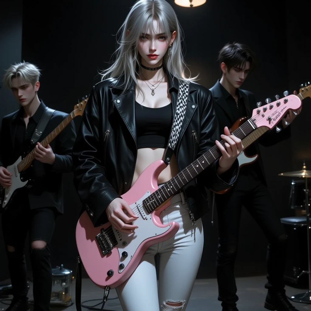 The picture is a beautiful looking girl, 158cm tall. Slim figure,PERFECT WAIST CHUNKY,, proportional shape,long hair,Hairstyle Straight Hair Straightener,Grayish blonde hair,brown eyes,has breasts Plump to body anatomy,Open mouth, Flickering Eyes,Big round eyes,, long iris, light skin ,thin smile,Black cropped top with black and white checkered pattern,Black leather jacket,, white skinny jeans, torn to the knees,Black Nike sneakers,Black nail polish alternating white,Fine grain lace to the cheekbones,precise,4K, HDR,high resolution,Realistic surface,. The background is in front of a musical rehearsal room in elegant black tones,with musical instruments, luxury furniture, male band mates in the background.,she is standing playing the pink white tone guitar,, she is standing rehearsing the guitar, so the way looks confident, fascinating,Zoom out, 8k octane render , atmospheric scenery, เลนส์ Sony FE GM, bokeh, semi-realistic outlines, resembles a sketch,, Fine shading, in manga and anime style,lets in the natural light, adds a touch of nature to the scene by Combined. The overall atmosphere is quiet and mesmerizing,big breasts, Portrait , multi perspective images, 360 degree view, Everyday Image ,Soft light,Zoom outความยาวโฟกัส 135mm,