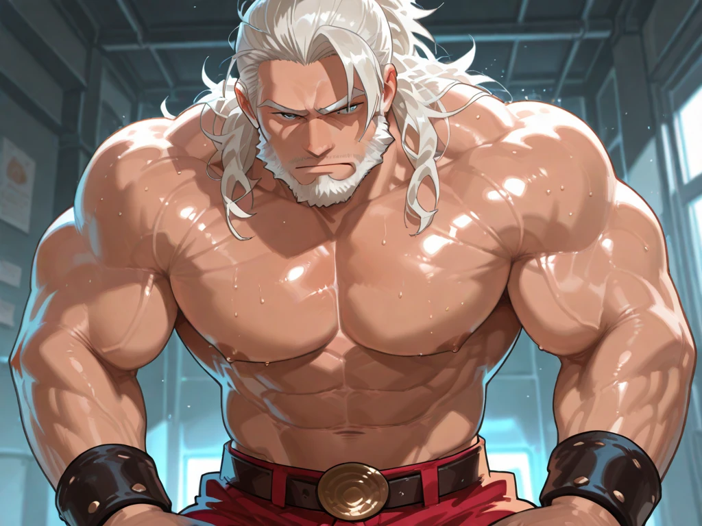 Old man, Muscular male,JP (Street Fighter 6),Wear a purple long-sleeved leather suit, skin tight, long gray hair, moustache, thick gray beard, absurdly large muscular arms, big nose, hook nose, expression arro,He frowned aggrievedly。。。。。。。。。。gem-like eyes, bara pecs, wide pectorals, over 70 years old, tanned skin, dark olive skin color, Tall, Burly and strong,Thick thighs,He is in the living room of a luxury villa,Luxurious warmth in gray tones。。。。。。Highest resolution,the highest picture quality,Extremely optimized facial features,Detailed depiction