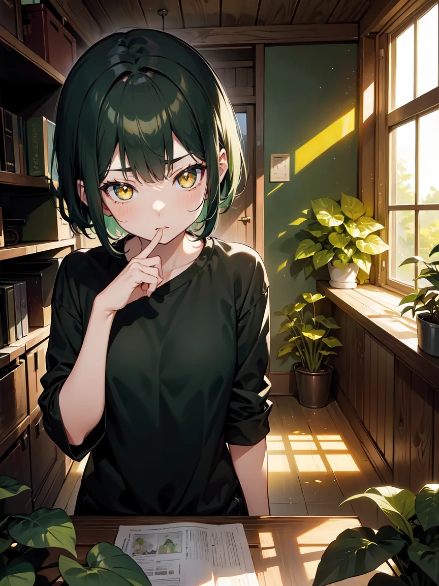 ((1 girl)), Dark circles in the eyes, sloppy face, Brushing your teeth, Yellow loungewear, fluffy, warm, in front of the washroom, While looking in the mirror, cowboy shot,((Super detailed,highest quality, High resolution, fell, Sloppy, Lazy and slothful,Apathy, 8k wallpaper, beautiful clothes,)),((black hair, shortcut,messy hair)), eye shadow, eyeliner,Glow Eye, highly detailed eyes, beautiful eyes, ((shining light green eyes)), 18 year old girl,five fingers