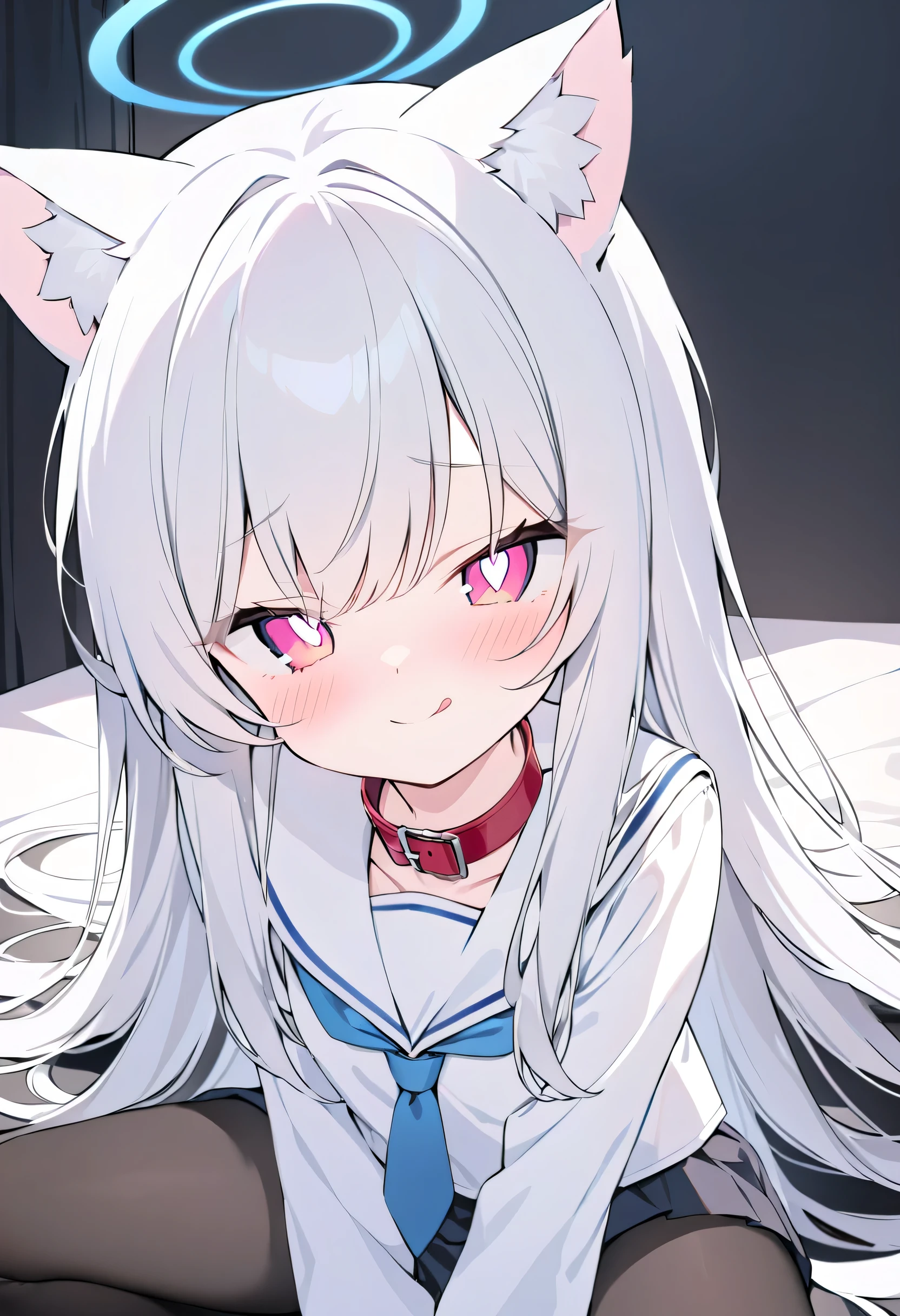 long hair,Silver Hair,Cat ears,pink pupils on a black background,alone,In the room,White Sailor Suit, blue tie,red collar, Black Skirt ,Smile,black pantyhose,In the room,blush, blue halo,An evil smile,Licking lips