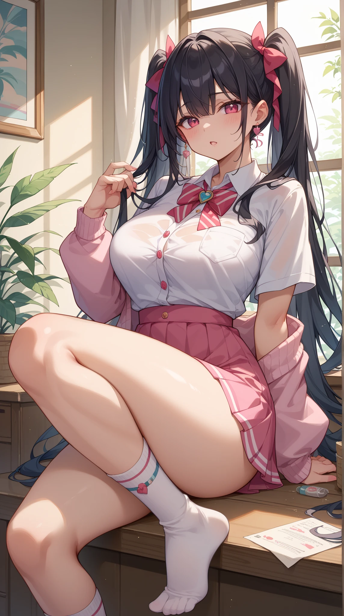 A beautiful girl wearing JK,sitting on park bench,spread their legs,White panties leaking out,Place one hand on the panties between your legs,Extend your index finger,The other hand lifts the clothes from the bottom up,Exposing bra,Looming,The shy expression betrayed,Fine,Shen Yun has money