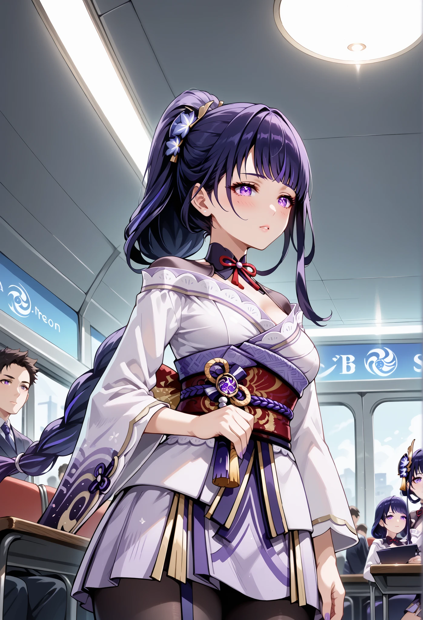 score_9, score_8_up, score_7_up, source_anime, 4K,perfect fingers,(perfect hands, perfect anatomy),prefect lighting, very aesthetic, intricate details,highly detailed background, masterpiece, high quality, best quality,
raidenshogun, raiden shogun, ((ponytail hair:1.5)), hair flower, hair ornament, long hair, mole, mole under eye, purple eyes, purple flower, purple hair, large breasts,,
wearing ((skirt, )),,
A sagging breast, stealth masturbation, inside bus, from below, (crowd:0.8),
