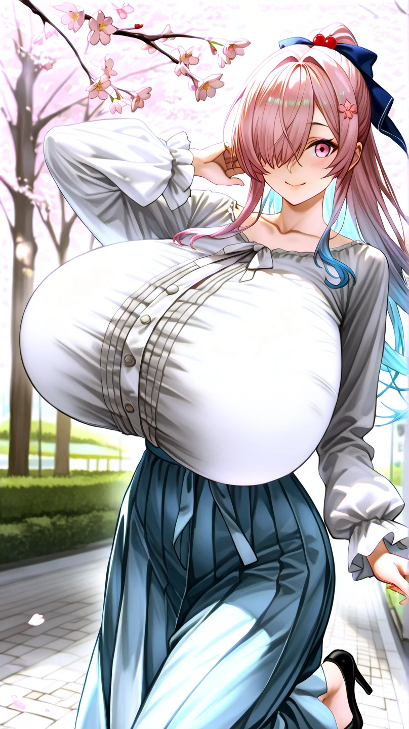 ((sagging breasts,mature female,huge breasts, gigantic breasts)),solo,grin,cowboy shot,gyaru,((nagatiti)),eyeshadow,lip,Shiny eyelashes,blonde hair, ((two-tone hair)),piercing,new york street,long curly hair,ponytail, white collared shirt, loin cloth cardigan, blue plaid pleated skirt,