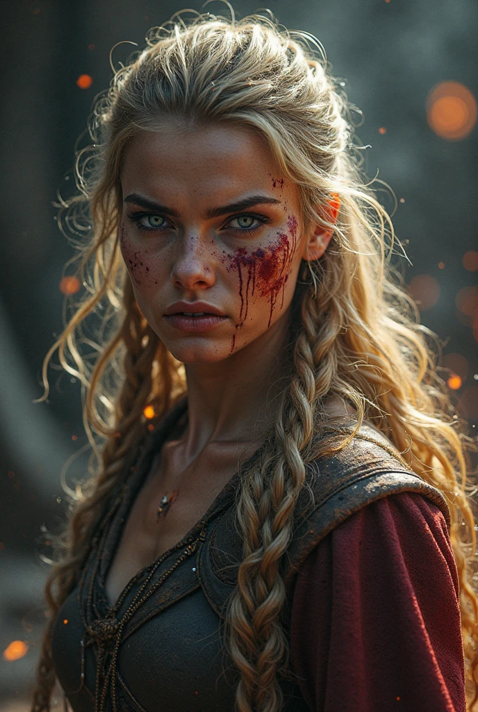 Helen Skelton, Battle of Helm's Deep, close-up action shot from ground level, naked elvish warrior, crying, sweating, damp hair, on a bloody battlefield, explosion, fires