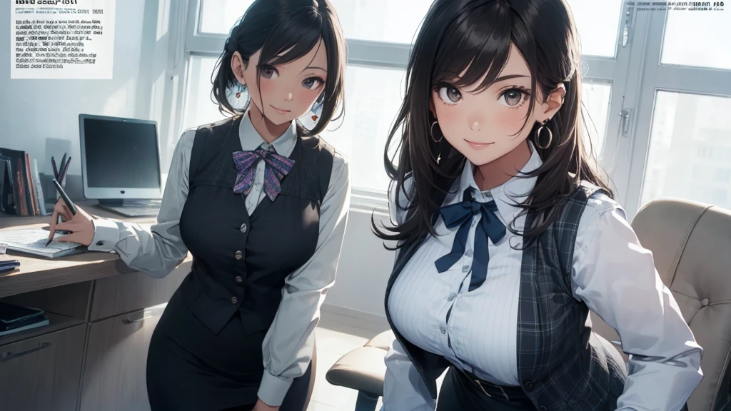 1lady standing, office worker, receptionist, (vest with white and gray checks:1.2) (navy pencil skirt) bowtie, mature female, /(black hair/) bangs, blush kind smile, (masterpiece best quality:1.2) delicate illustration ultra-detailed, ????????????? BREAK (modern office indoors), window cityscape, detailed background